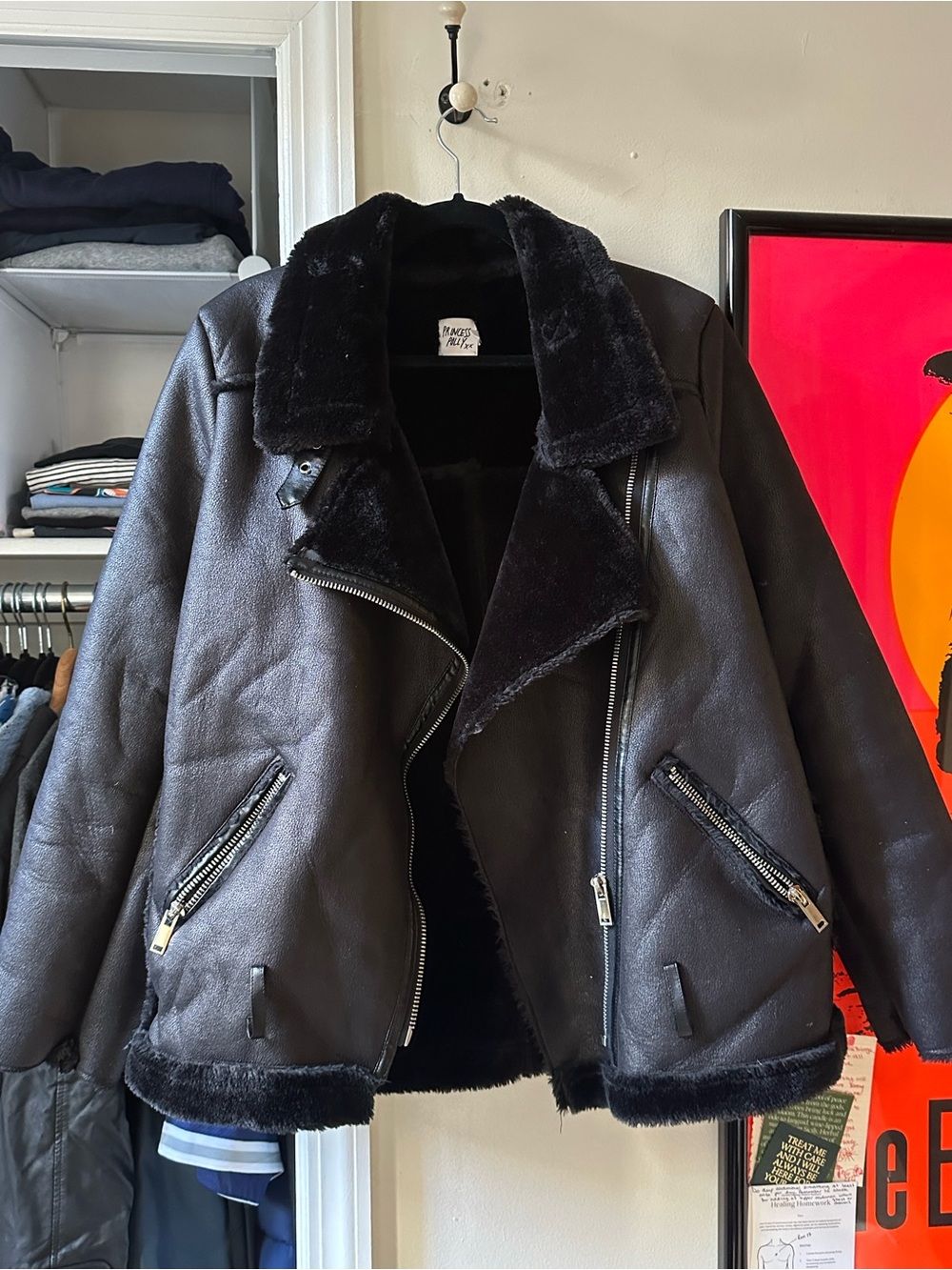 Princess Polly Black Faux Leather jacket with shearling lining